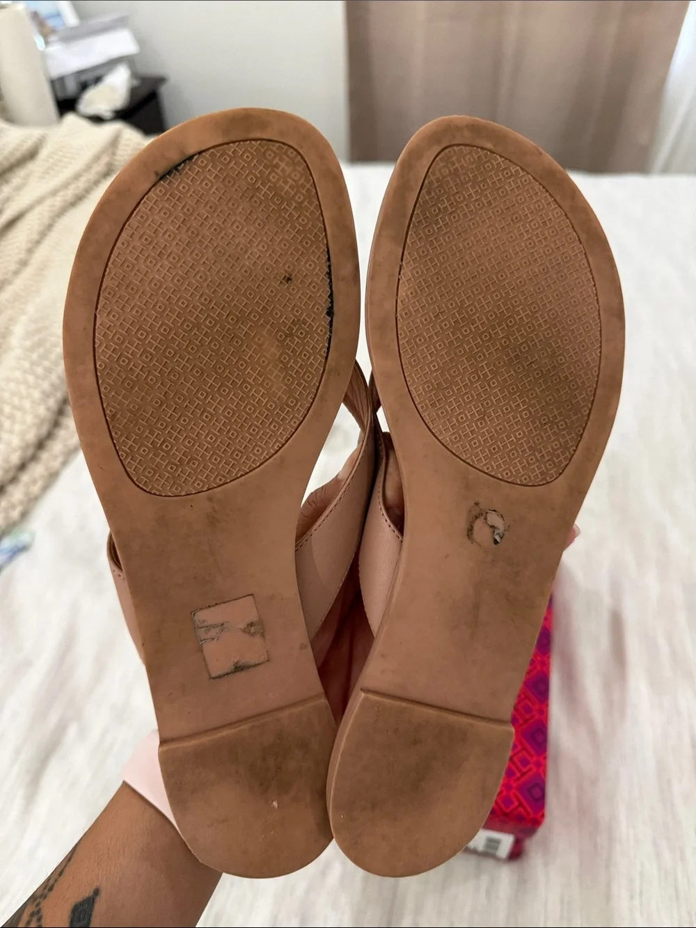 Tory Burch Nude/Tan Leather Logo Thong Sandals with Gold Emblem